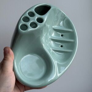 Ceramic Teal Vintage Bathroom Soap Toothbrush Shaver Cup Holder Mid Mod Decor